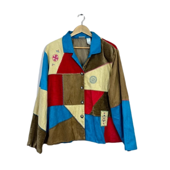 Vintage 90s Koret Suede Patchwork Button Up Jacket Women's 22W Colorful Blue Red - Picture 1 of 9